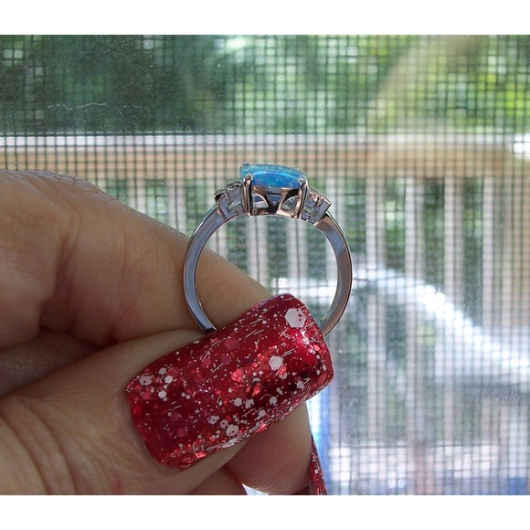 925 STERLING SILVER Lab Created Blue Lavender Fire Opal & CZ Ring - Picture 6 of 13